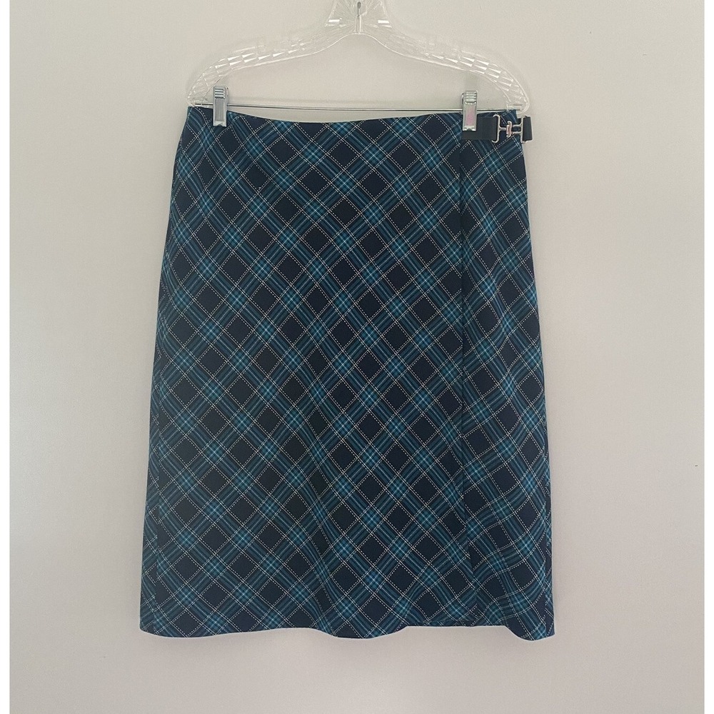 Style & Co Collection Blue Plaid Faux Wrap Skirt Buckle Detail Size 14 4608